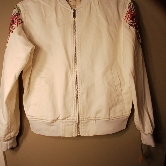 RACHEL ROY Winter White Large Floral Embroidered Bomber Jacket Outerwear - Picture 6 of 7